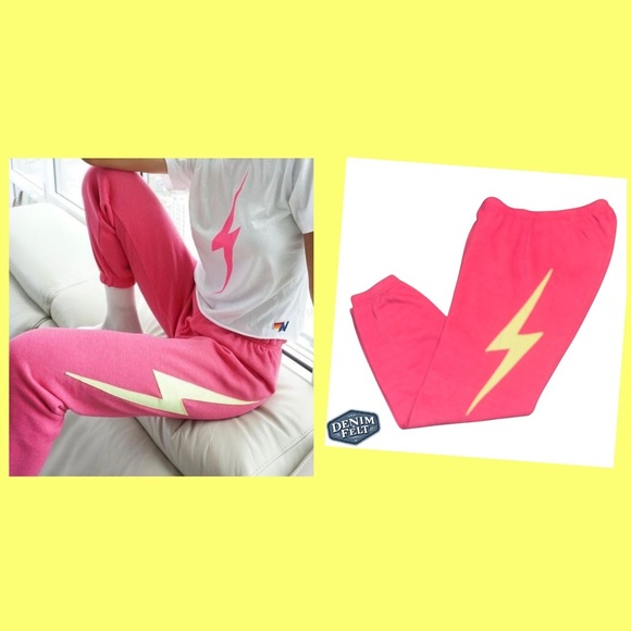 Aviator Nation Pants - Aviator Nation Women’s Pink/Yellow Bolt Stitch Sweatpants/Joggers | PRELOVED⚡️🩷